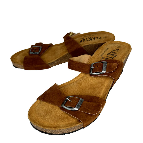 Plakton Bios Wedge Sandal Womens 40 Leather Suede Cork Strappy Slip On Coastal - Picture 1 of 8